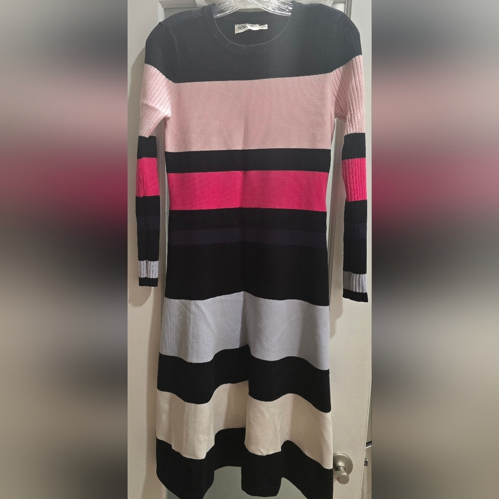 Eliza J bold Horizontal Stripes Long Sleeve Midi Sweater Dress (Pink, Black) S/P